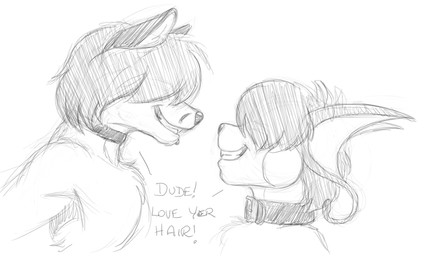 anthro collar dialogue duo eye_contact hair hair_over_eyes looking_at_another male side_view smile kencougr nintendo pokemon busbar canid canine fox generation_1_pokemon mammal pokemon_(species) raichu monochrome