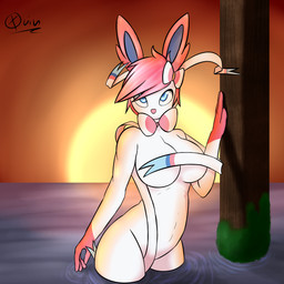 accessory anthro anthrofied biped blue_eyes bow_ribbon breasts convenient_censorship female hair hair_accessory hair_bow hair_ribbon legs_in_water looking_at_viewer nude partially_submerged pink_hair pokemorph ribbons solo standing standing_in_water submerged_legs sun water conditional_dnp quin-nsfw nintendo pokemon eeveelution generation_6_pokemon pokemon_(species) sylveon 1:1 digital_media_(artwork) hi_res