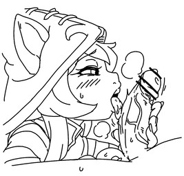 anthro ball_fondling balls big_penis blush bodily_fluids breath clothed clothing duo female fondling genitals handjob hat headgear headwear licking looking_forward male male/female musk open_mouth oral penile penis penis_lick sex sweat tongue tongue_out witch_hat bee_haji league_of_legends riot_games tencent lulu_(lol) human humanoid mammal yordle censored monochrome
