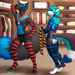 anthro armwear big_tail black_clothing black_nose black_underwear blue_body blue_claws blue_eyes blue_fur blue_hair blue_nose blue_pawpads blue_tail bulge butt claws closed_smile clothed clothing crossdressing dark_body dark_fur detailed_bulge digitigrade duo femboy footwear fur grey_body grey_fur grey_tail hair inner_ear_fluff inside legwear male mouth_closed narrowed_eyes nipples pattern_armwear pattern_clothing pattern_footwear pattern_legwear pattern_socks pattern_thigh_highs pattern_thigh_socks pawpads pose smile socks standing striped_armwear striped_clothing striped_footwear striped_legwear striped_socks striped_thigh_highs striped_thigh_socks stripes tail text thigh_highs thigh_socks tuft underwear white_body white_fur white_inner_ear_fluff white_tail yellow_eyes neash beronon callisto_(zoocrewus97) canid mammal 2019 artist_name dated hi_res url