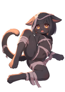 anthro bandage black_body black_fur black_hair blush breasts cute_fangs eyebrow_through_hair eyebrows fangs featureless_breasts featureless_crotch female front_view fur hair looking_at_viewer lying navel nude on_side raised_leg simple_background small_breasts solo teeth translucent translucent_hair white_background yellow_eyes young young_anthro young_female matsuura felid feline mammal 2025 colored portrait shaded