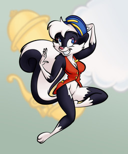 3_toes anthro barefoot black_body black_fur bottomless breasts cheek_tuft cleavage clock clothed clothing countershade_face countershading facial_tuft feet female fur gloves_(marking) hat headgear headwear markings pocketwatch solo striped_markings striped_tail stripes tail tail_markings toes train_conductor tuft watch white_body white_fur stanmort sally_skunk mammal mephitid skunk hi_res