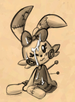 anthro blush blush_lines bodily_fluids bow_on_head button_(fastener) clothed clothed_anthro clothed_female clothing cum cum_on_clothing cum_on_eye cum_on_face dress eyelashes eyes_closed featureless_hands featureless_legs female female_anthro flat_chested genital_fluids head_turned mouth_closed one_eye_closed patch_(fabric) plushie sewing_pin sitting solo stitch_(sewing) young young_anthro young_female soulcentinel voodoo_bunny animate_inanimate lagomorph leporid living_plushie mammal rabbit 2026 monochrome sepia