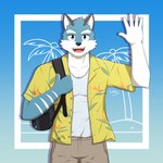 aloha_shirt anthro blue_body blue_fur clothed clothing fully_clothed fur male open_clothing open_topwear pattern_clothing pattern_shirt pattern_topwear shirt smile solo topwear dayjin knights_college argo_northrop canid canine mammal 1:1 absurd_res hi_res