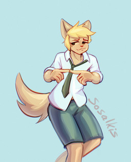 accessory anthro blonde_hair bottomwear clothing hair male necktie shorts solo topwear white_clothing white_topwear sosalkis domestic_cat felid feline felis mammal absurd_res hi_res