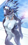 anthro blue_body blue_eyes blue_nipples blue_skin blue_tongue breasts collarbone female gills hair long_hair navel nipples non-mammal_breasts non-mammal_nipples nude solo swimming_pool tongue water 000 doubutsu_sentai_zyuohger super_sentai sela fish marine shark