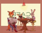 anthro barefoot beverage chair coffee computer container crossed_legs cup dessert doughnut electronics eyewear feet female food furniture group hands_behind_head height_assist high_chair holding_object laptop male newspaper pastry reading reclining simple_background sitting stool sunglasses table twinklepug disney zootopia finnick_(zootopia) judy_hopps nick_wilde canid canine fennec_fox fox lagomorph leporid mammal rabbit red_fox true_fox 2016