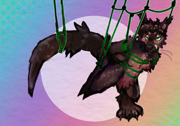 4_toes anthro arms_tied bdsm bondage bound brown_body brown_fur brown_hair curly_hair feet fur green_rope hair licking licking_lips male open_mouth pink_tongue restraints rope rope_bondage rope_harness self_lick simple_background solo suspension tail thick_tail toes tongue tongue_out pinatareaper binturong mammal viverrid digital_media_(artwork) hi_res