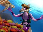 anthro bubble diving diving_mask eyewear female goggles mask scuba scuba_diver scuba_diving scuba_gear scuba_tank smile solo underwater water wetsuit granatloncat okane_akemi canid canine canis mammal reptile scalie turtle wolf diver_(disambiguation) 4:3