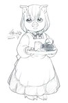 anthro apron barefoot bow_ribbon button_ears clothing container cup dated domestic_pig dress ema_(tsuki_ga_michibiku_isekai_douchuu) feet female female_anthro floppy_ears food full-length_portrait greyscale hair_between_eyes holding_tray kotoraex looking_at_viewer mammal monochrome open_mouth open_smile orc portrait signature simple_background sketch smile solo standing suid suina sus_(pig) teapot tray tsuki_ga_michibiku_isekai_douchuu tsukimichi_moonlit_fantasy white_background