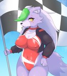 anthro blush breasts clothed clothing female fur green_hair hair nipples one-piece_swimsuit race_queen solo swimwear 3cir_cle five_nights_at_freddy's five_nights_at_freddy's:_security_breach scottgames steel_wool_studios roxanne_wolf canid canine canis mammal wolf 2022 absurd_res hi_res