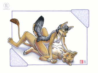 anthro black_body black_fur blue_eyes border breasts brown_eyes chest_tuft claws duo female female/female fluffy fluffy_tail fur grin inner_ear_fluff interspecies nipples nude pinned pinned_arms small_breasts smile straddling tail tail_tuft tan_body tan_fur toe_claws tuft white_body white_border white_fur kacey black-backed_jackal canid canine canis felid jackal lion mammal pantherine 2012