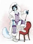 anthro black_hair blue_body blue_fur boots chair clothed clothing coat female fluffy footwear fur fur_trim_(clothing) furniture garter_straps hair legwear lingerie panties shoes solo stockings topwear translucent translucent_clothing translucent_legwear translucent_stockings underwear thetiedtigress canid canine felid fox hybrid mammal pantherine snow_leopard