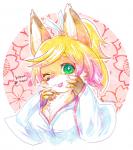 blonde_hair breasts female fur green_eyes hair kemono one_eye_closed open_mouth orange_body orange_fur solo mabo_(artist) canid canine fox mammal