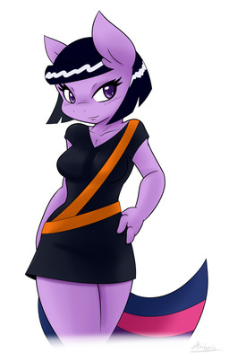 anthro black_clothing black_dress black_hair blue_mane clothing cosplay crossover_cosplay dress female feral fur hair horn mane missing_horn purple_body purple_eyes purple_fur sleeveless_dress solo voice_actor_joke ambris disney fillmore! friendship_is_magic hasbro my_little_pony mythology ingrid_third twilight_sparkle_(mlp) equid equine mammal mythological_creature mythological_equine unicorn 2015 crossover hi_res unavailable_at_source