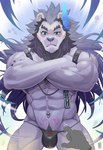 abs anthro biceps black_hair blue_eyes blush bodily_fluids bulge chain chest_tuft claws clothed clothing clothing_pull crossed_arms disembodied_hand duo finger_claws fur grey_body grey_fur hair horn looking_down male mane mane_hair muscular muscular_anthro muscular_male navel navel_piercing piercing pubes pubic_tattoo quads skimpy solo_focus standing straps tattoo thong tongue triceps tuft underwear underwear_pull mumu202 felid lion mammal pantherine 2020 portrait three-quarter_portrait