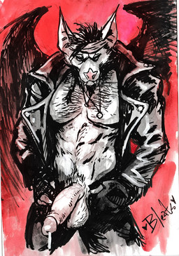abs accessory anthro back_wings balls bodily_fluids body_hair bottomwear chest_hair clothed clothing denim denim_bottomwear denim_clothing dripping erection fangs fingerless_gloves genital_fluids genitals gloves half-closed_eyes handwear headband humanoid_genitalia humanoid_penis jacket jeans leather leather_clothing leather_jacket leather_topwear male membrane_(anatomy) membranous_wings muscle_tone muscular muscular_anthro muscular_male narrowed_eyes open_bottomwear open_clothing open_pants pants pecs penis precum precum_drip precum_string solo teeth topwear wings bleats bat leaf-nosed_bat mammal microbat vampire_bat yangochiropteran hi_res monochrome