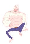 anthro belt blush bottomwear bulge clothing denim denim_bottomwear denim_clothing detailed_bulge genital_outline jeans male muscular muscular_anthro muscular_male navel nipples open_mouth pants penis_outline simple_background solo teeth tongue white_background h3llisch skips_(regular_show) yeti absurd_res hi_res