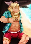 abs anthro blonde_hair bottomwear bulge chain clothed clothing detailed_bulge genital_outline hair harness horn looking_at_viewer male muscular muscular_anthro muscular_male open_clothing open_topwear penis_outline red_bottomwear red_clothing solo swimwear topwear 5keys_x86 lifewonders tokyo_afterschool_summoners azazel_(tas) bovid caprine mammal hi_res