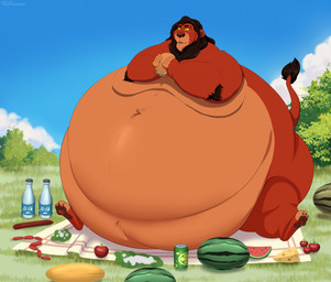 anthro belly big_belly black_hair food fur green_eyes hair huge_belly hyper hyper_belly male morbidly_obese obese orange_body orange_fur overweight solo stuffing weight_gain yellow_sclera tommysamash disney the_lion_king scar_(the_lion_king) felid lion mammal pantherine hi_res