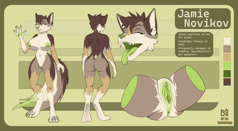 anthro anus claws female genitals green_anus green_claws green_eyes green_flesh green_mouth green_nipples green_nose green_pawpads green_vulva nipples pawpads solo vulva domidonga jamie_(mistah_novikov) canid canine canis coyote mammal absurd_res hi_res model_sheet
