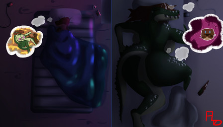air_mattress anthro beverage_can big_breasts big_butt bottle breasts butt container dream duo female larger_female male male/female muscular natural_colors nude size_difference sleeping smaller_male stomach_(symbol) thought_bubble under_covers vore vore_implied flightlesslizard mick_(flightlesslizard) riley_(flightlesslizard) alligator alligatorid crocodilian mammal mustelid otter reptile scalie 7:4 absurd_res hi_res