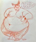 anthro barefoot belly big_belly bottomwear clothing cuff_(restraint) dialogue elbow_on_table feet leaning leaning_forward looking_at_viewer male moobs navel nipple_piercing nipples overweight overweight_anthro overweight_male pants piercing restraints shirtless solo speech_bubble standing thick_thighs wrist_cuffs karrnade gideon_(swissigar) lagomorph leporid mammal rabbit hi_res traditional_media_(artwork)