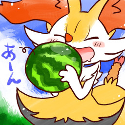 ambiguous_anthro ambiguous_gender anthro biped blush blush_stickers bodily_fluids drooling eyes_closed food front_view fruit holding_food holding_fruit holding_melon holding_object holding_watermelon melon open_mouth open_smile outside plant saliva shrimp_(food) smile snout solo standing text watermelon annyui0611 nintendo pokemon braixen canid generation_6_pokemon mammal pokemon_(species) 1:1 2023 digital_drawing_(artwork) digital_media_(artwork) half-length_portrait japanese_description japanese_text portrait translated translated_description