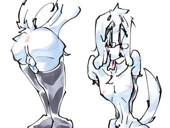 anthro anus balls bent_over blue_eyes blush bodily_fluids butt clothed clothing drooling emaciated erection eyewear fur genitals glasses gloves handwear happy inverted_nipples legwear long_ears looking_at_viewer male nipples nude partially_clothed penis raised_tail rectangular_glasses saliva sharp_teeth simple_background small_waist smile solo standing tail teeth thigh_highs tongue tongue_out white_background white_body white_fur mealhead canid canine mammal 4:3 absurd_res digital_media_(artwork) hi_res multiple_images