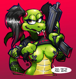 anthro armwear black_hair breasts clothed clothing clothing_lift female fishnet_armwear fishnet_clothing green_body gun hair nipple_tape pasties ranged_weapon sharp_teeth shirt shirt_lift smile solo tape teeth text topwear twintails_(hairstyle) weapon yellow_eyes sodaraptor suzie_(undakuva) reptile scalie snake english_text hi_res