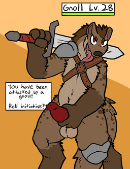animal_genitalia anthro armor balls erection fur gameplay_mechanics genitals gui harness health_bar holding_object looking_at_viewer male melee_weapon penis simple_background solo standing sword text weapon trout_(artist) gnoll hyena mammal spotted_hyena 2018 english_text hi_res