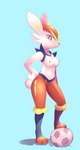 anthro arm_by_side ball bent_arm bent_leg breasts clothed clothing curvy_figure female fluffy fluffy_tail legwear medium_breasts nipples scut_tail short_tail slim small_waist soccer_ball solo standing step_pose straight_arm straight_leg tail tights topless wide_hips b-epon nintendo pokemon cinderace generation_8_pokemon lagomorph mammal pokemon_(species) digital_media_(artwork) hi_res shaded