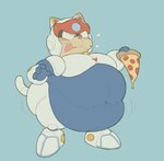 4_fingers anthro armor belly belly_overhang big_belly black_eyes blue_armor blue_background blush blush_lines brown_body bubble clothed clothing deep_navel drunk drunk_bubble fingers food fully_clothed happy holding_food holding_object holding_pizza huge_belly machine male morbidly_obese morbidly_obese_anthro morbidly_obese_male multicolored_body navel obese obese_anthro obese_male open_mouth overweight overweight_anthro overweight_male pizza raised_tail short simple_background snaggle_tooth solo standing substance_intoxication tail tan_body thick_thighs three-quarter_view white_armor white_helmet cafongterua samurai_pizza_cats speedy_cerviche domestic_cat felid feline felis mammal robot 2025 flat_colors full-length_portrait portrait