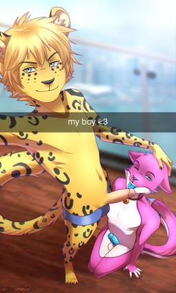 anthro balls bell blue_penis blue_tongue camera_view collar duo erection femboy fur genitals hair hand_on_head high-angle_view humanoid_genitalia humanoid_penis male male/male penis pink_body pink_fur selfie text tongue white_balls zaporozhets snapchat kuze tifenius_(heliphass) canid canine felid leopard mammal pantherine 2015 3:5 hi_res