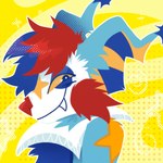 abstract_background ambiguous_gender anthro blue_body blue_eyes blue_fur blue_hair blue_inner_ear cheek_tuft clown facial_tuft fur hair looking_at_viewer markings mischievous_smile multicolored_hair narrowed_eyes outline red_body red_fur red_hair red_nose ruff_(clothing) side_view smile snout solo star_(marking) striped_inner_ear tuft two_tone_hair two_tone_inner_ear white_body white_fur white_outline yellow_inner_ear yellow_markings yellow_sclera jaspering bat mammal 2024 bust_portrait digital_drawing_(artwork) digital_media_(artwork) lineless portrait screentone