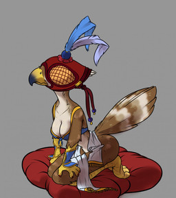 anthro avian_feet biped blindfold bottomless breasts claws cleavage clothed clothing falconry_hood feathers female grey_background hood hooded kneeling non-mammal_breasts pillow sensory_deprivation simple_background solo wide_hips siroc avian bird falcon falconid hi_res