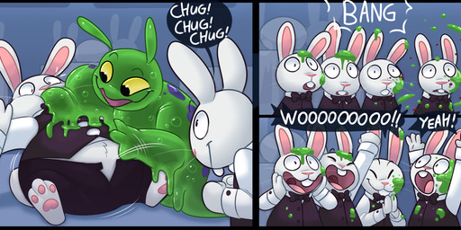 ambiguous_gender anthro belly big_belly black_clothing bodily_fluids buckteeth bursting cheering clothing death dialogue explosion fur green_body green_eyes group inflation inside male open_mouth overweight popping slime_inflation smile sound_effects speech_bubble sweat teeth text tongue toony topwear transformation white_body white_fur yellow_sclera denaturedalbumin goo_creature lagomorph leporid mammal rabbit 2023 comic english_text hi_res