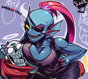 big_breasts bone breasts clothed clothing eye_patch eyewear female grope hair male muscular muscular_female red_hair simple_background skeleton smile surprised text underground sidotama undertale undertale_(series) napstablook papyrus_(undertale) sans_(undertale) undyne animal_humanoid aquatic aquatic_humanoid fish fish_humanoid ghost humanoid monster spirit digital_media_(artwork) english_text