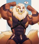 abs anthro anthrofied armpit_hair beard biceps body_hair bottomwear clothed clothing facial_hair fangs flexing fluffy fluffy_tail fur harness heart_symbol looking_at_viewer male mane muscular muscular_anthro muscular_male one_eye_closed pecs pokemorph pose quads sharp_teeth shorts smile solo speech_bubble standing tail teeth triceps wink thediyemi nintendo pokemon arcanine canid canine generation_1_pokemon mammal pokemon_(species) 2021 hi_res pinup portrait three-quarter_portrait