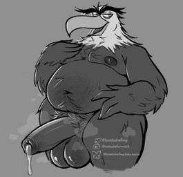 anthro balls beak belly big_balls bodily_fluids dripping feather_hands feathers foreskin genital_fluids genitals grey_background half-erect humanoid_genitalia humanoid_penis male navel nipples overweight overweight_male penis precum precum_drip pubes simple_background solo steam steamy_penis unretracted_foreskin notsafeforwank angry_birds rovio_entertainment sega mighty_eagle accipitrid accipitriform avian bald_eagle bird eagle sea_eagle 2026 digital_media_(artwork) greyscale hi_res monochrome sketch watermark