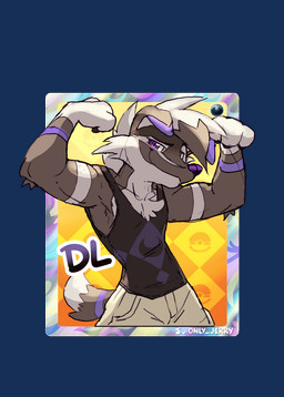 anthro badge biceps black_clothing bottomwear cheek_tuft chest_tuft claws clothed clothing cocky facial_tuft flexing floppy_ears fluffy fluffy_tail fur fur_markings grey_body grey_fur half-closed_eyes male markings multicolored_body multicolored_fur narrowed_eyes neck_tuft pose purple_body purple_eyes purple_fur purple_nose shirt shorts snout solo standing tail tank_top topwear trading_card tuft dahecksajerry nintendo pokemon dl_wolf_(dl2288) fan_character generation_7_pokemon lycanroc pokemon_(species) alpha_channel hi_res