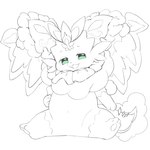 ambiguous_gender feral fur green_eyes head_accessory looking_at_viewer navel paws simple_background sitting slightly_chubby slightly_chubby_feral smile solo spread_legs spreading white_background umixign yu-gi-oh! duel_monster epurrely_plump fairy purrely_(archtype) 1:1 hi_res line_art monochrome