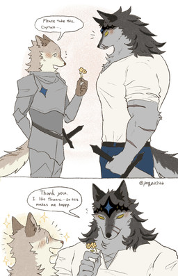 anthro armor black_body black_fur blush blush_lines bottomwear clothed clothing dialogue duo facial_scar flower fluffy fluffy_tail fur giving_flower grey_body grey_fur kemono knight knight_armor looking_at_another male male/male medieval_armor melee_weapon military multicolored_body multicolored_fur muscular muscular_anthro muscular_male no_pupils pants plant pointy_ears scar shirt soldier speech_bubble sword tail tan_body tan_fur text topwear two_tone_body two_tone_fur warrior weapon white_body white_fur pegu2726 canid canine canis mammal wolf 2026 absurd_res comic english_text hi_res