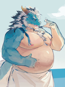 anthro beard belly big_belly blue_body blue_sky blush body_hair bottomwear brown_eyes clothing cloud countershading ear_tuft facial_hair grey_hair hair hand_on_belly horn long_hair looking_at_hand male moobs narrowed_eyes nipples no_navel open_mouth overweight pink_nipples sea sky slightly_muscular tail tan_body tan_countershading tongue tuft water white_bottomwear white_clothing white_hair white_sclera mmm1869015 vjb lifewonders tokyo_afterschool_summoners qinglong_(tas) absurd_res hi_res shaded