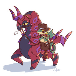 ambiguous_gender anthro biped bridle clothed clothed_ambiguous clothed_anthro clothing countershade_torso countershading duo feral front_view green_body green_tail hat headgear headwear horn red_body red_eyes saddle scarf sitting standing tail yellow_sclera advos nintendo pokemon generation_5_pokemon pokemon_(species) scolipede snivy 1:1 2026 digital_drawing_(artwork) digital_media_(artwork)