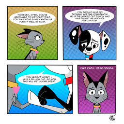 4_panel_comic black_body black_fur black_nose collar dialogue duo female feral fur grey_body grey_fur male spots text whiskers white_body white_fur unclescooter 101_dalmatian_street 101_dalmatians disney deepak_(101_dalmatians) deidra_(cartooncross) fan_character canid canine canis dalmatian domestic_cat domestic_dog felid feline felis mammal 2023 comic english_text hi_res