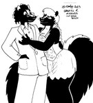 anthro bedroom_eyes clothed clothing dress duo eyewear female glasses male male/female narrowed_eyes seductive tail whiskers tegerio gabriel_(sergewolf) miranda_(sergewolf) mammal mephitid skunk 2023 black_and_white hi_res monochrome