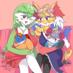 ahoge anthro beads blue_hair blush_dots braided_hair brown_eyes carrying_baby clothing digit_ring dress ear_piercing ear_ring eyeshadow eyewear eyewear_on_head female feral fur furniture glasses glasses_on_head green_hair grey_body grey_fur group hair happy heart_ahoge heart_glasses highlights_(coloring) holding_baby jewelry makeup neonate one_eye_closed piercing prayer_beads purple_eyes purple_eyeshadow ring ring_piercing rosary sofa wedding_ring yellow_body yellow_fur young rosse_chan nintendo pokemon isabel_(atomic417) rosario_(atomic417) socorro_(atomic417) soledad_(atomic417) delphox fennekin gardevoir generation_3_pokemon generation_6_pokemon humanoid pokemon_(species) ralts 2024 hi_res signature daughter_(lore) mother_(lore) mother_and_child_(lore) mother_and_daughter_(lore) parent_(lore) parent_and_child_(lore) parent_and_daughter_(lore)