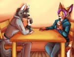 anthro beverage clothing coffee duo female food hoodie male markings red_eyes sitting smile star star_(marking) star_cheeks star_on_body star_polygon tail topwear yellow_eyes pupspace kalida_(character) toya_pup canid canine canis domestic_dog fox mammal