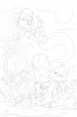 anthro bottle cellphone clothed clothing container desert electronics female floating fully_clothed group holding_cellphone holding_object holding_phone holding_smartphone male outside palm_tree phone plant smartphone tree trio seannorthridge looney_tunes warner_brothers bugs_bunny daffy_duck lola_bunny anatid anseriform avian bird duck genie lagomorph leporid mammal rabbit 2026 hi_res line_art monochrome